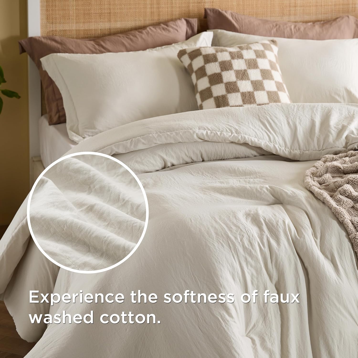 Bedsure Comforter Queen Size 5 Pieces - Queen Size Comforter Set with Checkered Throw Blanket and Decorative Pillow, Lightweiget Bedding, All Season Bedding Sets, Linen Beige - Image 4