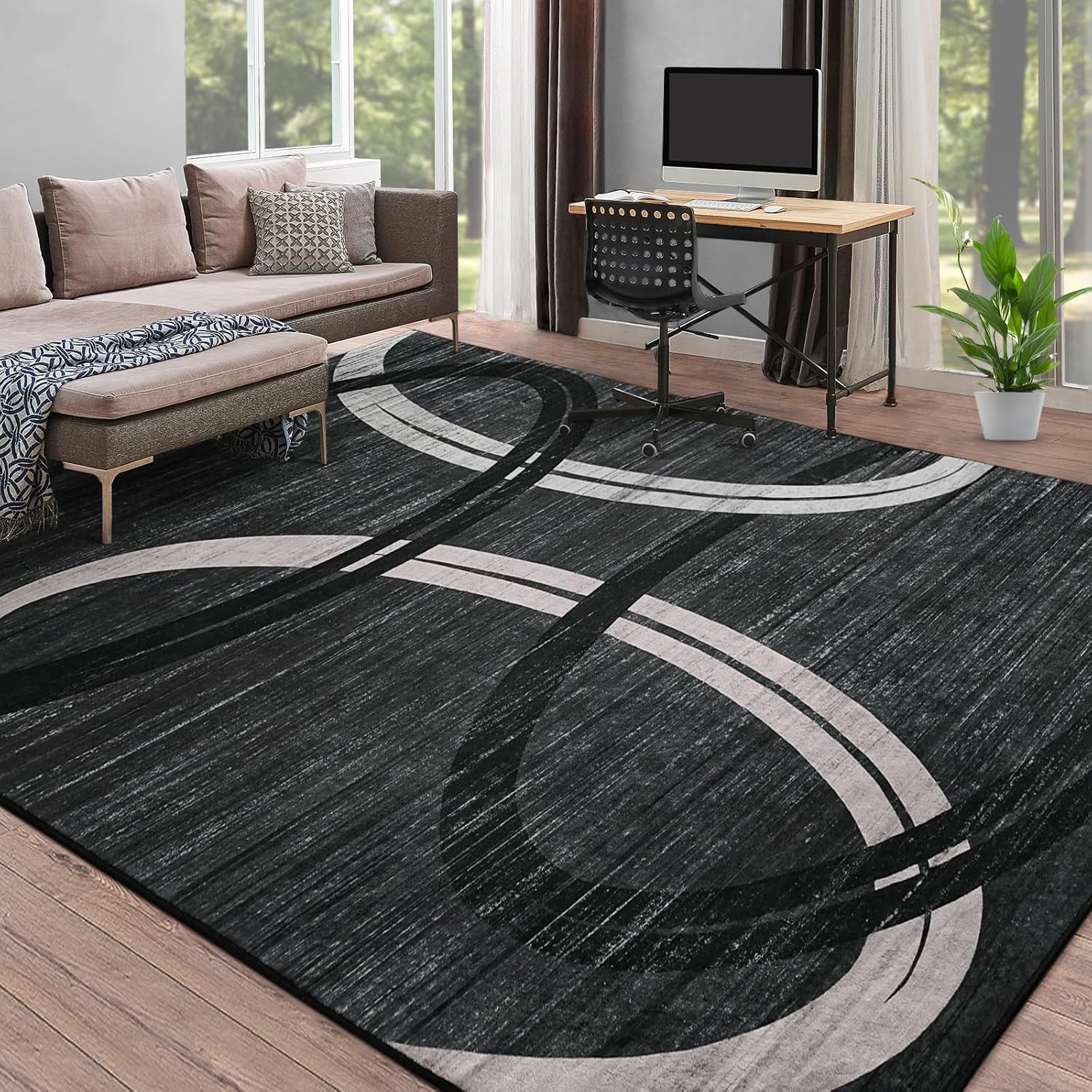 Kimicole Grey Area Rugs for Bedroom Living Room, 4x6 Modern Abstract Geometric Washable Rugs, Low Pile Thin Rug, Non-Slip Indoor Wavy Circles Floor Carpet for Office Dining Room Home Decor - Image 9