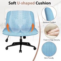 SUNLEI Cross Legged Office Chair with Wheels, Armless Wide Chair's for Vanity Desk, Criss Cross Comfy Chairs with Back, Desk Chair/s of Height Adjustable Swivel, Blue - Image 3