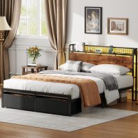Furnulem Queen Size Bed Frame with Headboard, Platform Bed Frame Queen Size with 2 Storage Drawers and Charging Station & LED Lights, No Box Spring Needed, Noise Free - Image 9