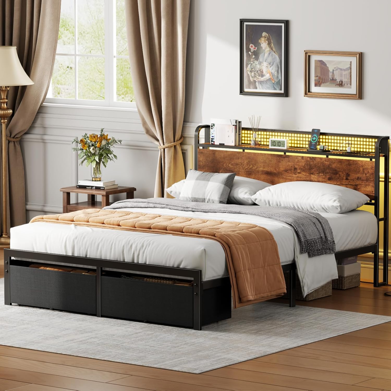Furnulem Queen Size Bed Frame with Headboard, Platform Bed Frame Queen Size with 2 Storage Drawers and Charging Station & LED Lights, No Box Spring Needed, Noise Free - Image 9