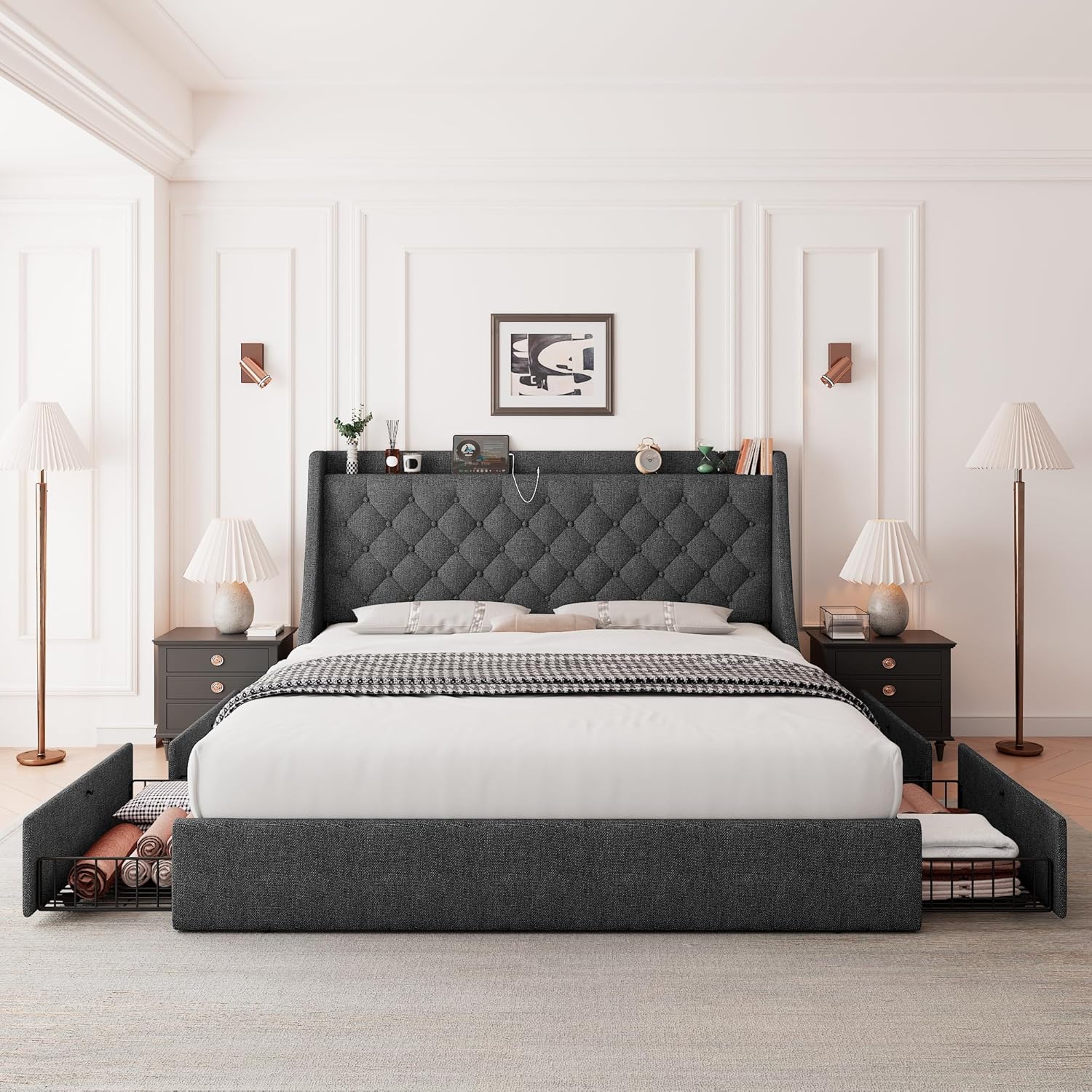Feonase Queen Bed Frame with 4 Storage Drawers, Upholstered Storage Bed with Charging Station, Tufted Wingback Headboard, No Box Spring Needed, Dark Grey - Image 3