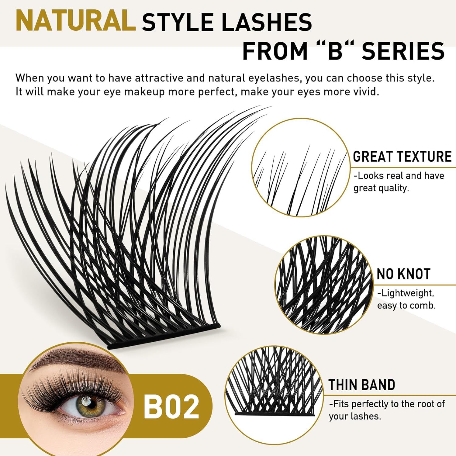 B&Q Lash Clusters Wispy B02, Eyelash Clusters 72PCS Cluster Eyelash Extensions, D Curl Lash Cluster 8-16mm Natural Individual Lashes Volume False Eyelashes Clusters with Soft Band(B02-D-8-16MIX) - Image 2