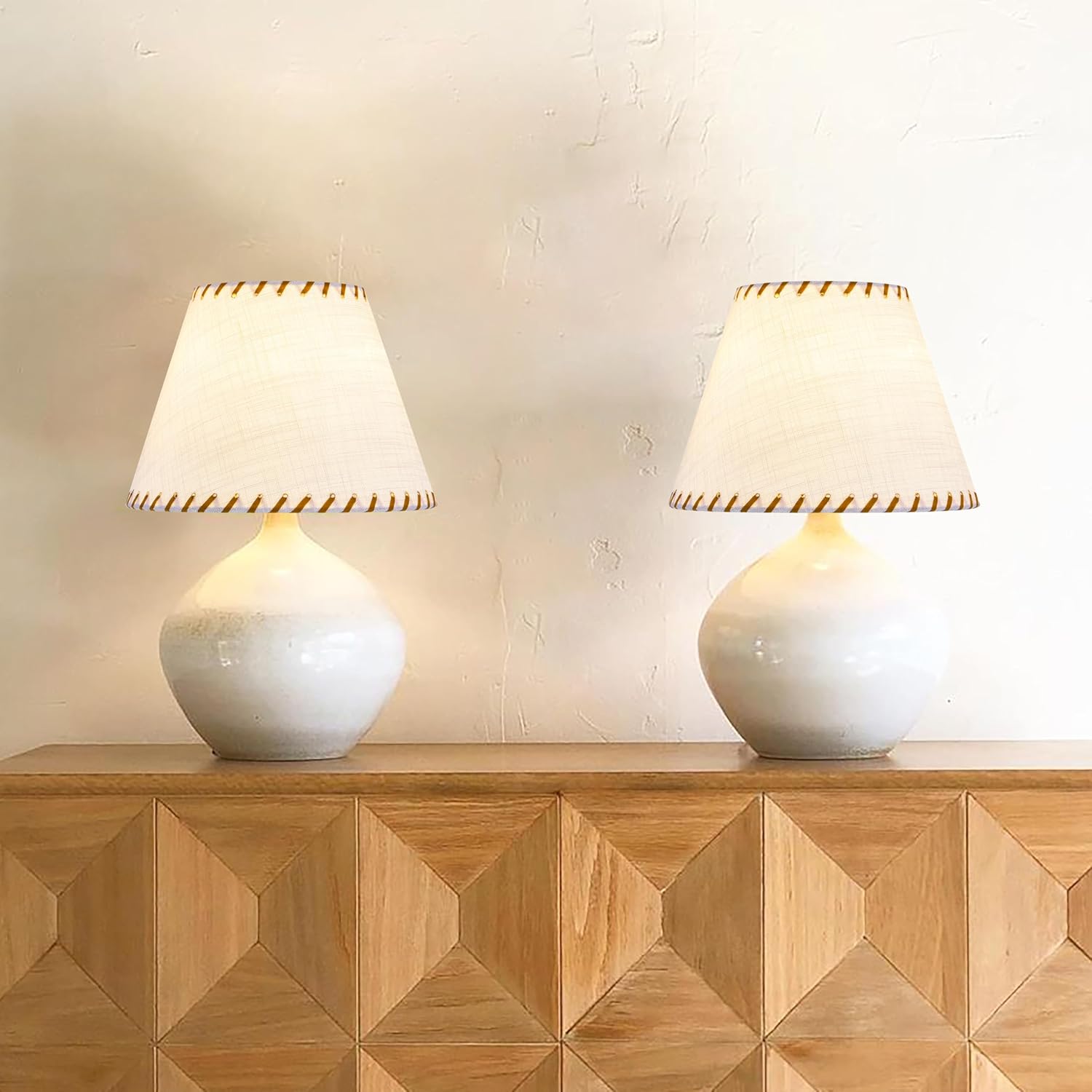 GO&SO 1 Pack White Linen Lampshades Natural Fabric Small Lamp Shades, 5"x9"x6.4" (Spider) with Stitched Brown Trim - Modern Rustic Bell Lamp Shades for Table Lamps, Wall Lamps, Bedroom, Living Room - Image 9