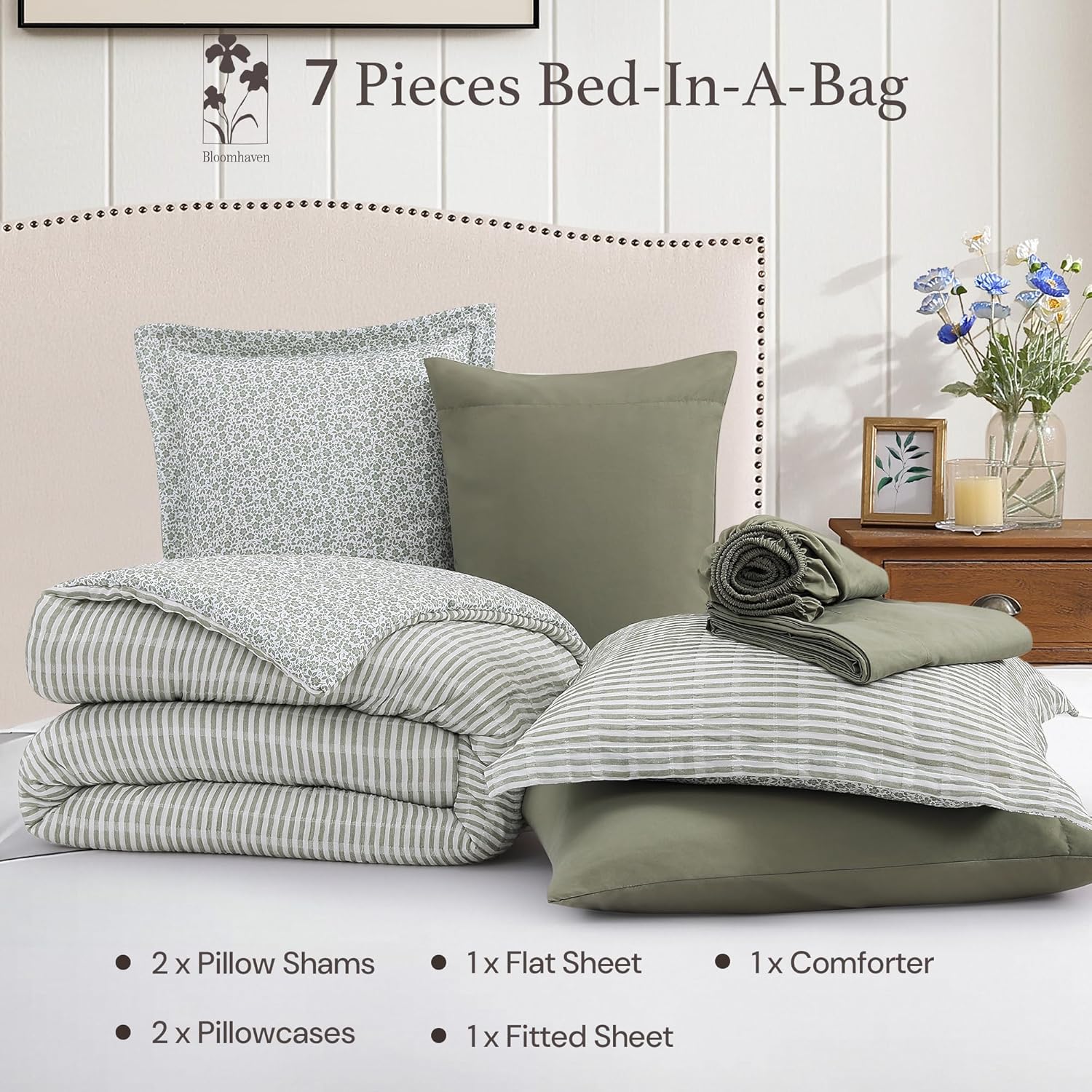 Queen Comforter Set - 7 Pieces Green Gauze Muslin Bedding Sets for All Seasons, Lightweight Breathable Bed in a Bag Queen with Revesible Farmhouse Comforter, Sheets, Pillowcases & Shams - Image 8
