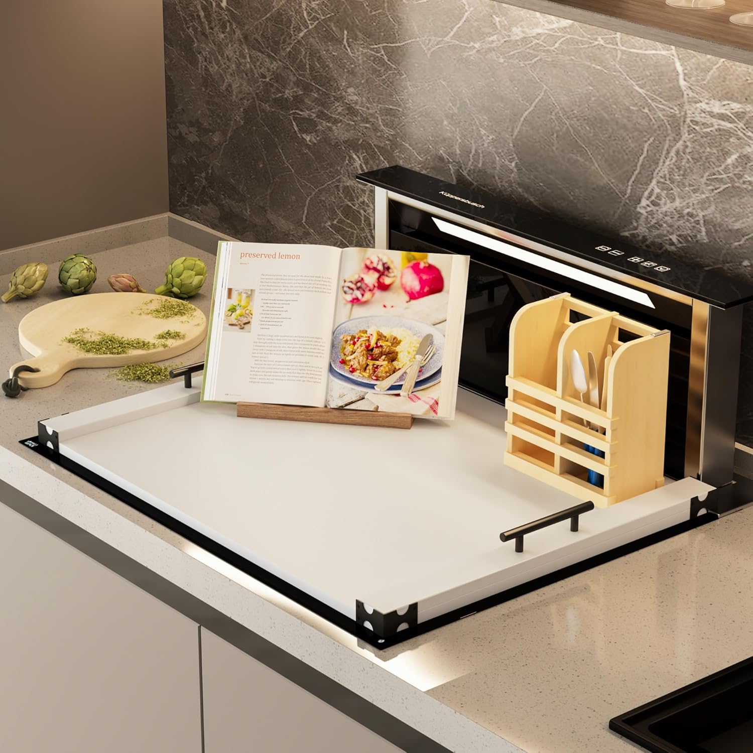 Noodle Board Stove Cover for Gas Stovetop, Bamboo Stove Top Covers for Electric Stove and Gas Burners with Handles Kitchen Sink Cover for Counter Space Decorative Serving Tray White (29.53"x22.05") - Image 3