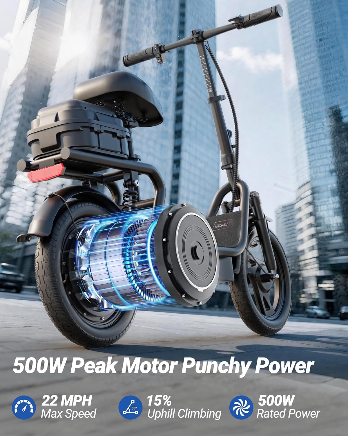 Maxshot Electric Scooter, 8.5" /10" /14" Tire, 16/19/22 Mph Top Speed, 12/16/21/27/28/49/50 Miles Long Range, Folding Escooter for Adults and Kids with Seat Bag, Dual Braking, Dual Suspension, App - Image 5
