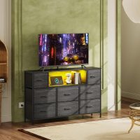 WLIVE Black TV Stand for 45, 50, 55 inch TV, Entertainment Center with LED Lights & Charging Station, TV Media Console Table with 8 Fabric Drawers and Open Shelves for Living Room, Hallway, Wood Top - Image 2
