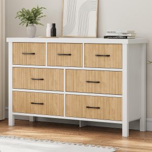 White Dresser 7 Drawer Dresser for Bedroom, Modern Fluted Dresser with Solid Wood Legs, Long Double Wooden Dresser Large Chest of Drawers for Living Room, Entryway, Hallway (Wood Fluted)