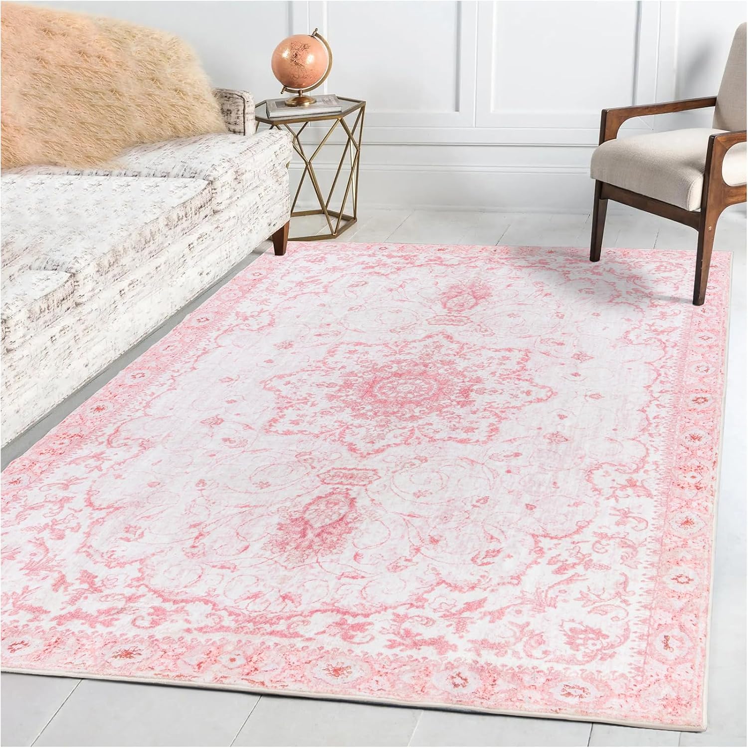 Area Rug - 5x7 Vintage Floral Honeycomb Non Slip Backing Carpet - Pink Softer Thicker Faux Wool Rug - Foldable & Machine Washable Rugs for Living Room Bedroom Nursery Room Home Office