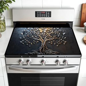 Multi-Design Stove Top Cover for Glass/Electric Stoves - 3-in-1 Heat-Resistant Protector Mat, Non-Slip Drying Rack 28"x20" (Tree of Life - Black, 28"L x 20"W)