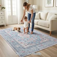 4x6 Blue Washable Boho Area Rug for Bedroom, Vintage Floral Non Slip Living Room Rugs, Soft Low Pile Indoor Mat, Aesthetic Pattern Carpet for Kitchen, Dining Room and Bedside - Image 6