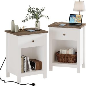 ChooChoo Farmhouse Nightstand Set of 2,Night Stand with Charging Station, Wooden Top Bedside End Table with Drawer and Storage Space for Bedroom, White
