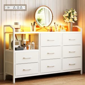 KKL White Dresser for Bedroom with Light Strip & Power Outlet — 8 Drawers Dressers & Chest of Drawers with Shelf, Wood Top, Metal Frame, Wide Dressers for Girls Bedroom, Living Room, Hallway, Closet