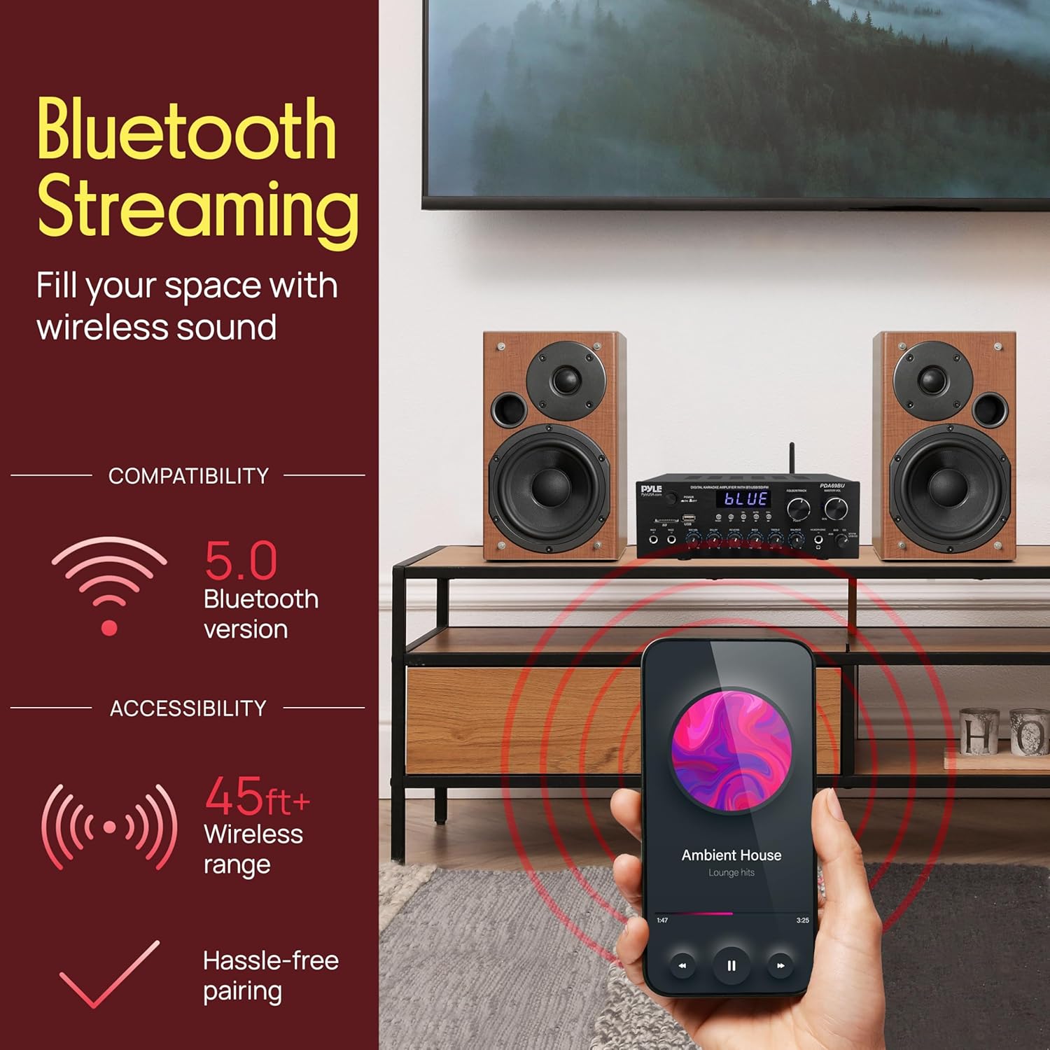 Pyle Stereo Amplifier Audio Receiver with Remote Control - Bluetooth Streaming, MP3/USB/SD/FM Radio, 2.0 Channel HiFi Sound System with RCA/Aux Inputs, Microphone & Headphone Jacks, Adjustable Bass - Image 3