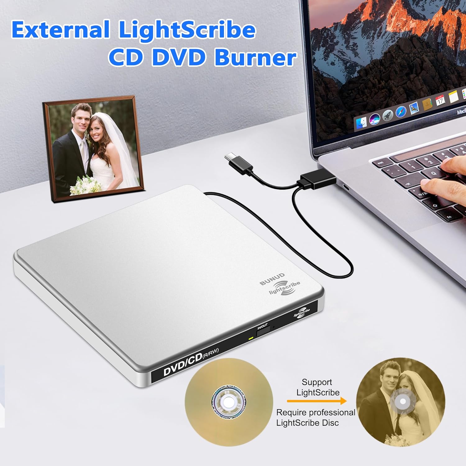 BUNUD LightScribe DVD Burner for Laptop: External Portable USB C CD/DVD Drive Compatible with Mac Windows Linux for Disc Labeling Wedding Photos with SD/TF/2 USB Ports Plug & Play(Silver) - Image 5