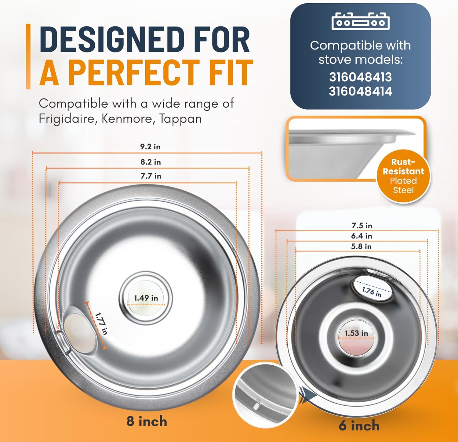 Electric Stove Drip Pans Set of 4 (2 x 6-Inch & 2 x 8-Inch) Replacement Chrome Drip Pans for Electric Stove Compatible with Frigidaire, Kenmore, Tappan & More - Stove Burner Drip Pan Replacements - Image 2