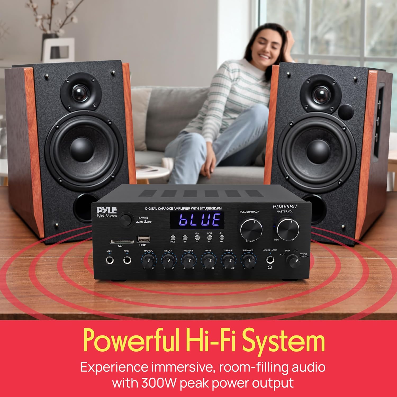 Pyle Stereo Amplifier Audio Receiver with Remote Control - Bluetooth Streaming, MP3/USB/SD/FM Radio, 2.0 Channel HiFi Sound System with RCA/Aux Inputs, Microphone & Headphone Jacks, Adjustable Bass - Image 6