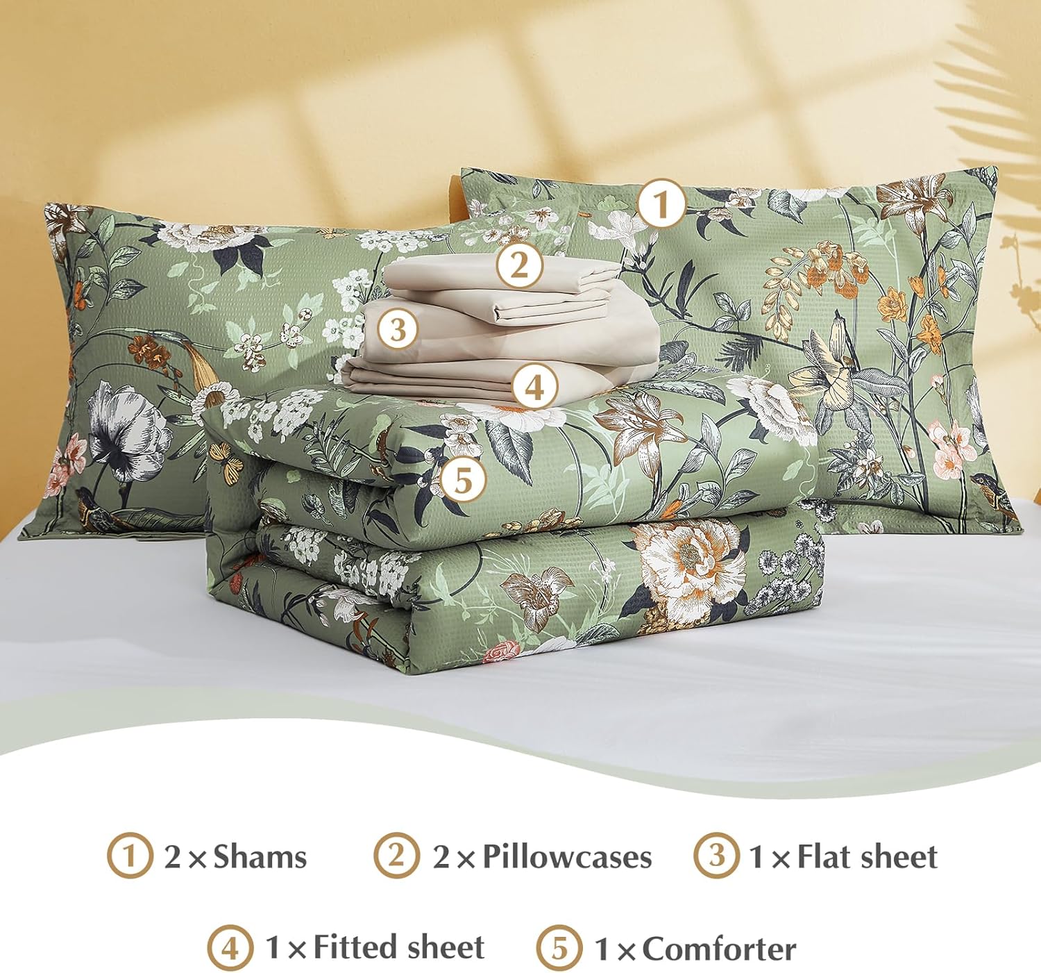 CASAAGUSTO King Size Comforter Set - 7 Pieces Green Floral Bedding Sets, King Bed in a Bag with Botanical Butterfly Comforter, Sheets, Pillowcases & Shams for All Seasons - Image 6