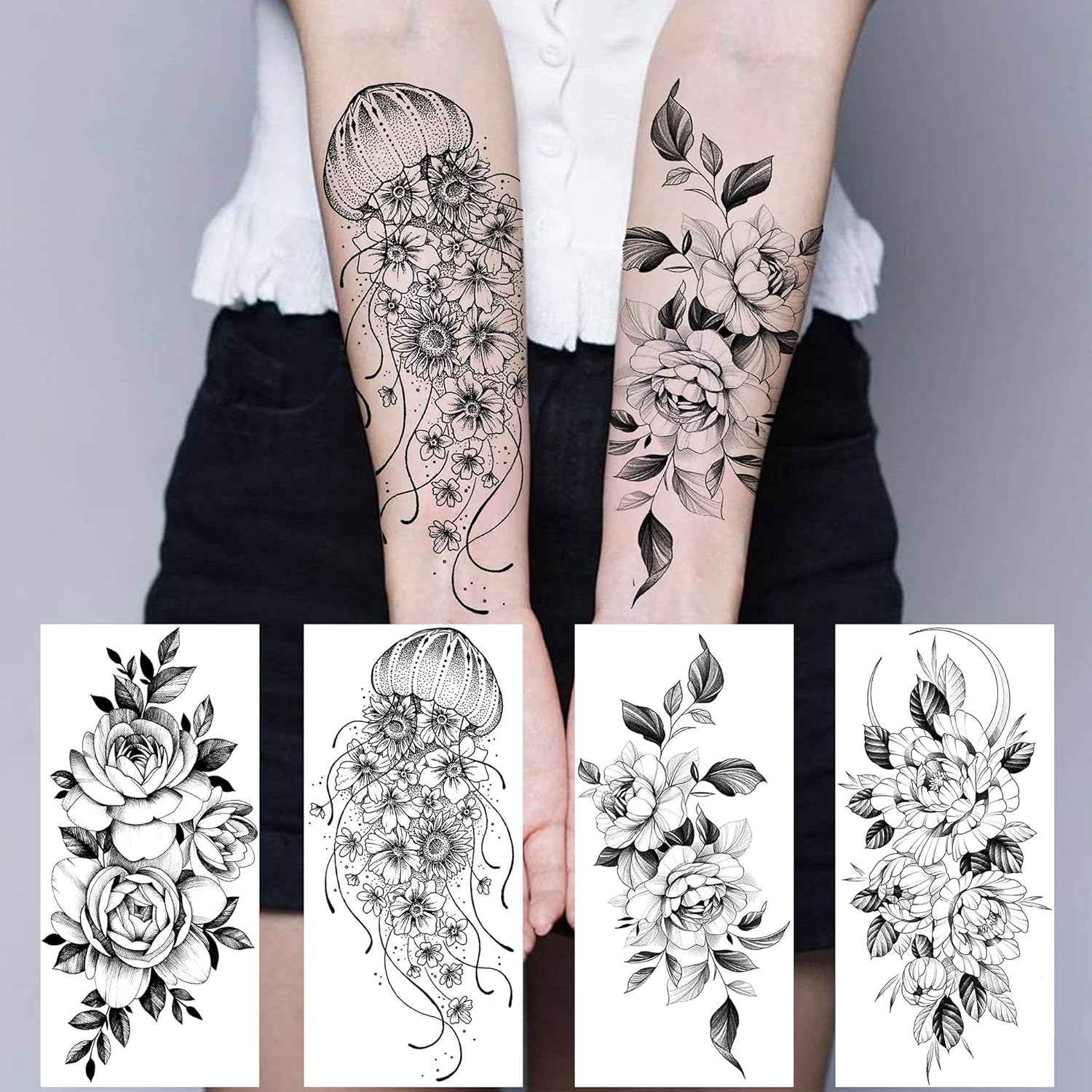 64 Sheets Long Lasting Flower Temporary Fake Tattoos For Women Arm Neck, Jellyfish Sunflower Moon Rose For Adults Girl, 3D Temp Realistic Snake Tatoo Stickers Serpent Peony Floral Kids - Image 2