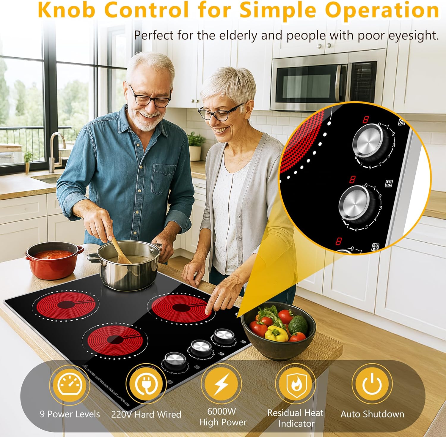 24 Inch Electric Cooktop, 4 Burner Ceramic Stove with 9 Power Levels, Knob Control, Auto shutdown and Residual Heat Warning, 6000W, 220-240V for Hard Wire - Image 3