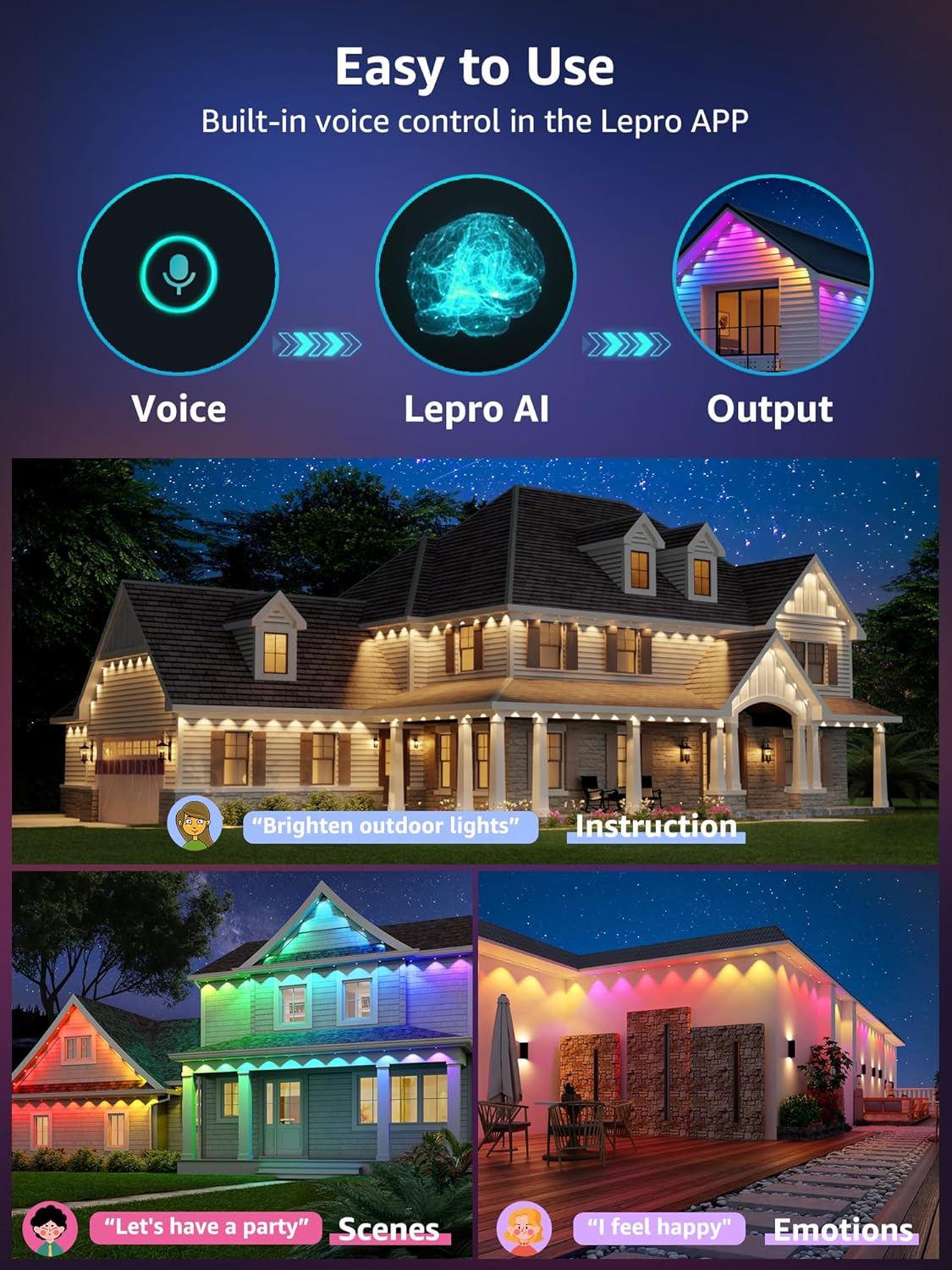 Lepro E1 AI Permanent Outdoor Lights APP Control, 100ft 60 LED Smart RGB+IC+Warm/Cool White House Eave Light for Halloween Christmas, Alexa Google Enabled, 2.4 GHz WiFi/Bluetooth, NO Remote Controller - Image 3