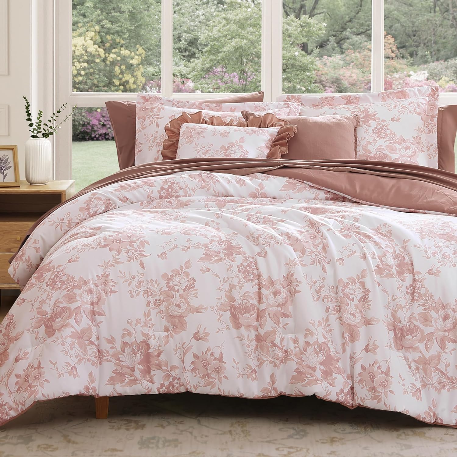 Queen Comforter Set -7 Pieces Pink Floral Comforter Set for All Seasons, Bed in a Bag Queen with Botanical Flowers Comforter, Sheets, Pillowcases & Shams - Image 8