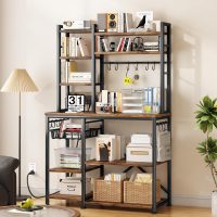 Baker Rack with Power Outlet - Microwave Stand with Storage, Large Coffee Bar Station with 14 Hooks, Metal Kitchen Shelf Rack for Spices, Pots (Rustic Brown) - Image 8