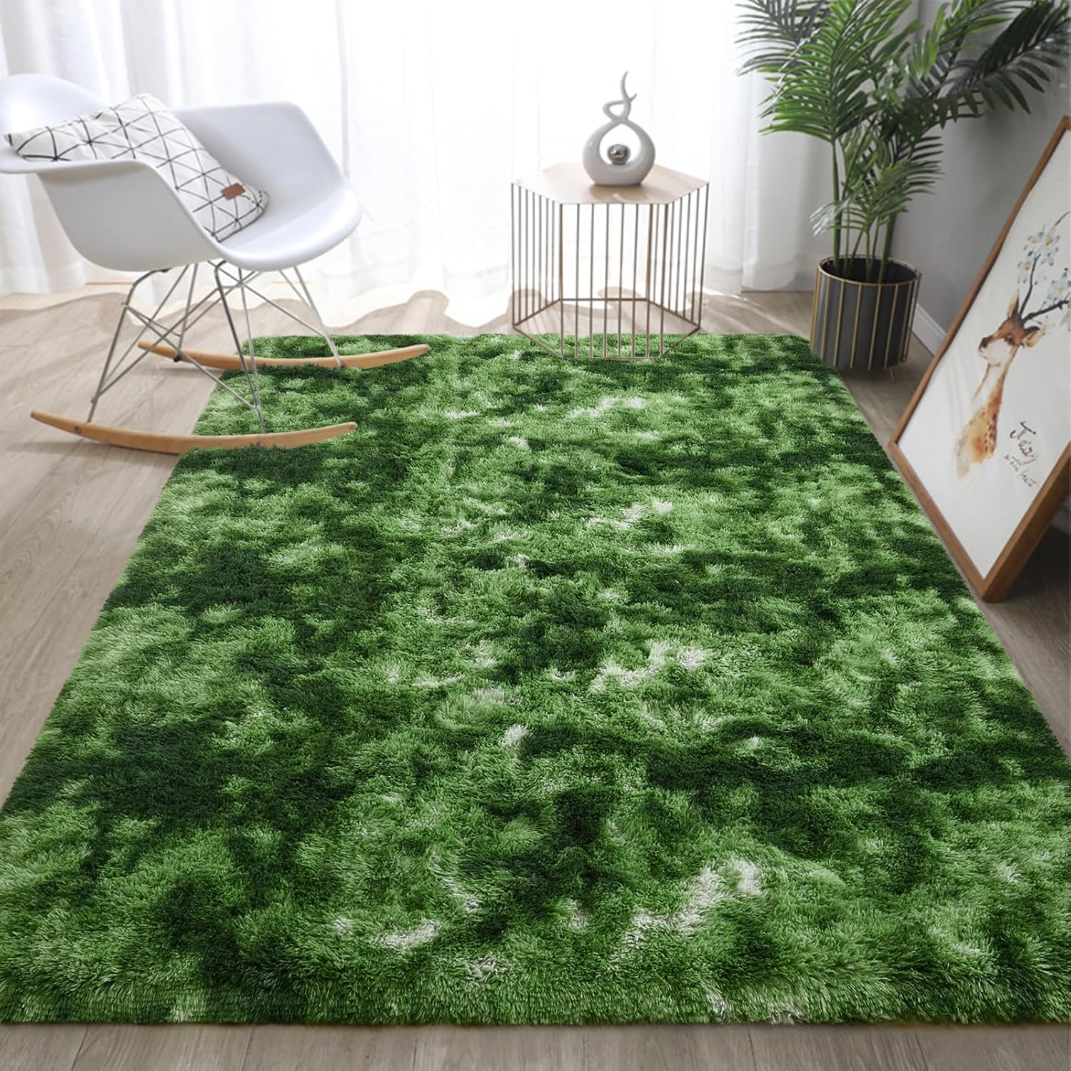 DweIke Fluffy Dark Green Rugs for Bedroom Living Room, 3x5 Feet Soft Plush Shaggy Tie-Dyed Forest Moss Green Girls Boys Kids Rug, Non-Slip and Machine Washable Carpet for Dorm Nursery Decor - Image 9
