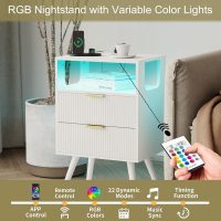 White Nightstand with Charging Station and LED Lights,Modern Bedside Table with 2 Storage Drawer and Open Wood Shelf, for Bedroom and Small Spaces,Night Stand with Solid Wood Legs,White - Image 5