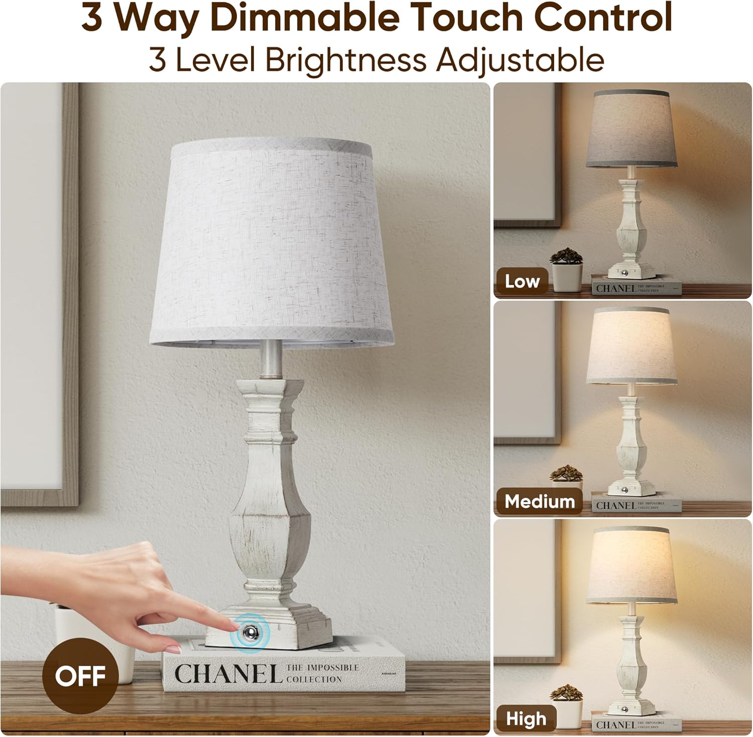 ROTTOGOON Dimmable Table Lamps Set of 2, Rustic Farmhouse Table Lamps for Living Room Bedroom, Bedside Desk Lamps for End Tables, Touch Lamps for Nightstand, 9W Bulbs Included, 22", Antique White - Image 4