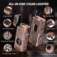 Cigar Torch Lighter, 4 Jet Flame Cigar Lighter with Cigar Cutter V Cut Cigar Accessories Cigar Holder Cigar Punch Cigar Draw Enhancer, Windproof Refillable Butane Lighter, Cigar Gifts for Men - Image 2