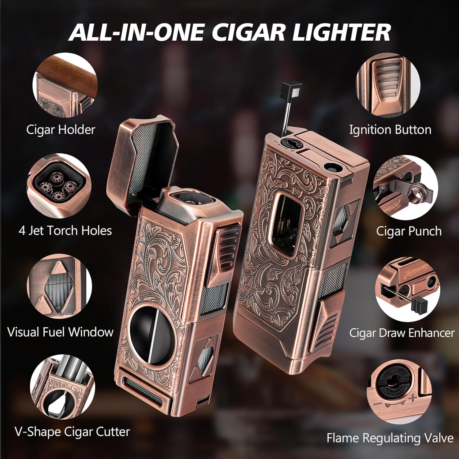 Cigar Torch Lighter, 4 Jet Flame Cigar Lighter with Cigar Cutter V Cut Cigar Accessories Cigar Holder Cigar Punch Cigar Draw Enhancer, Windproof Refillable Butane Lighter, Cigar Gifts for Men - Image 2