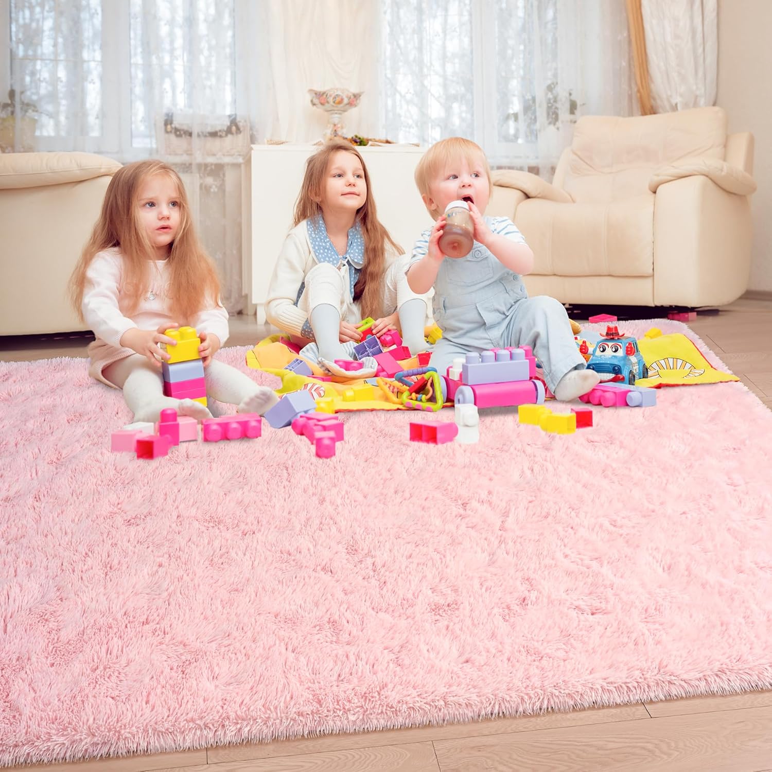 Keeko Fluffy Pink Area Rugs for Bedroom Girls Room, 4x5.3 Cute Shag Kids Room Rugs Nursery Living Room Indoor Fuzzy Bedside Rug Ultra Soft Furry Carpet for Bedroom Teen Baby Dorm Decor - Image 2