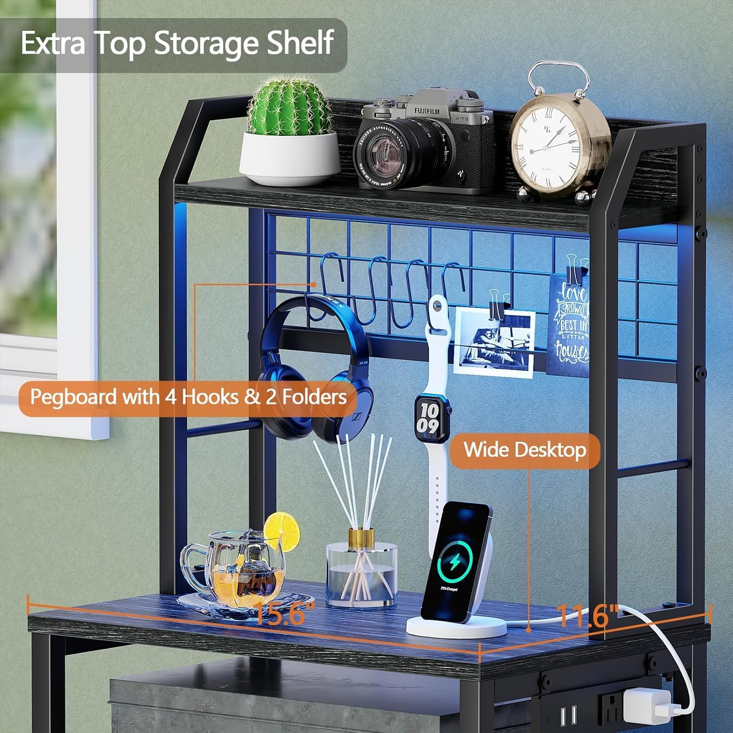 Furologee 40'' Tall Nightstand with Charging Station, Bedside Table with LED Lights, End Table with 2 Drawers and Storage Shelves, Night Stand with Pegboard for Bedroom, Black Oak - Image 4