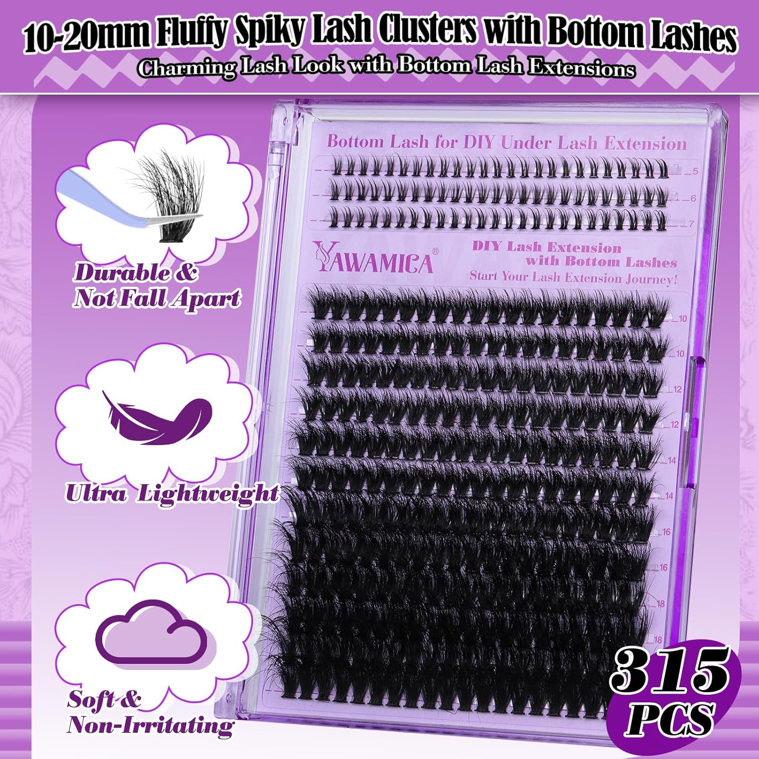 Yawamica Cluster Eyelash Extensions Fluffier Lash Clusters with Bottom Lashes 200D Volume Individual Lashes 315pcs Wispy Eyelash Clusters 10-20mm DIY Lash Extension at Home - Image 4