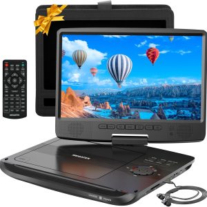 MEGATEK 12.5" Portable DVD Player with 10.5" Screen & Headphones, Car DVD Player for Kids with Headrest Mount, 6-Hour Battery, Supports CD/DVD/USB/SD Card, Remote - Black