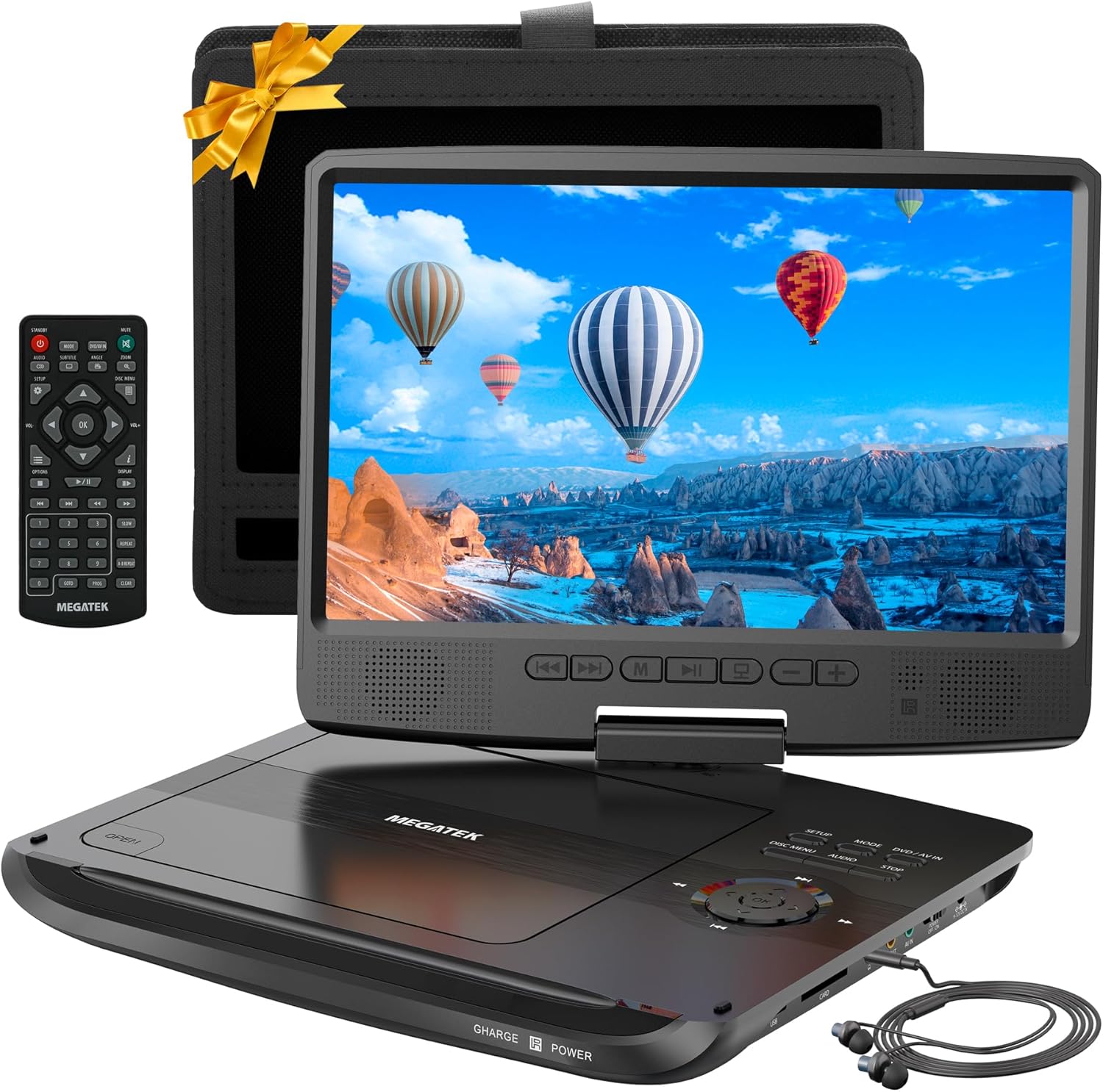 MEGATEK 12.5" Portable DVD Player with 10.5" Screen & Headphones, Car DVD Player for Kids with Headrest Mount, 6-Hour Battery, Supports CD/DVD/USB/SD Card, Remote - Black