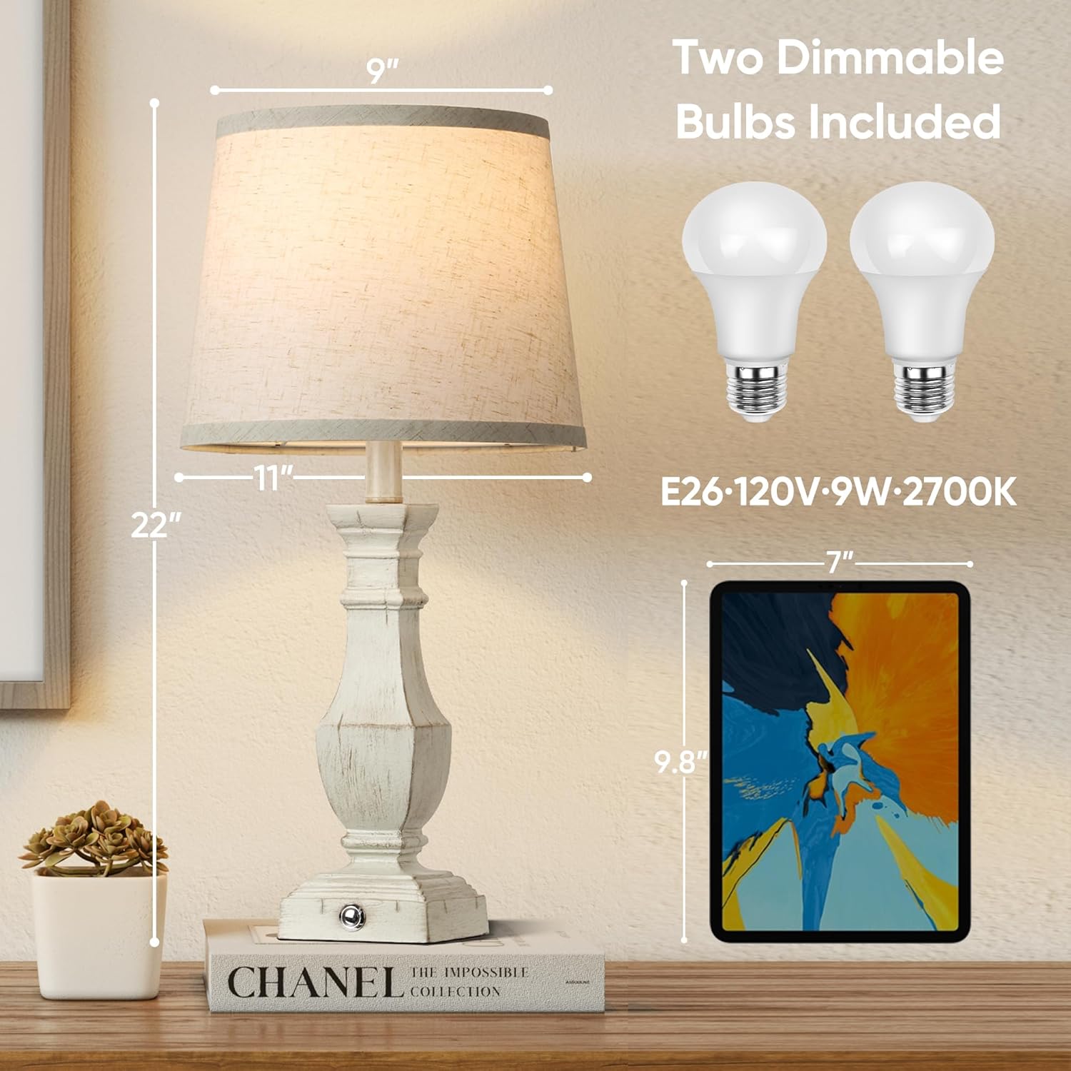 ROTTOGOON Dimmable Table Lamps Set of 2, Rustic Farmhouse Table Lamps for Living Room Bedroom, Bedside Desk Lamps for End Tables, Touch Lamps for Nightstand, 9W Bulbs Included, 22", Antique White - Image 3