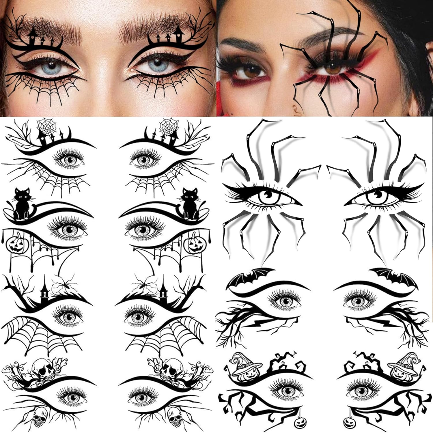 7 Sheets Halloween Eye Shadow Temporary Tattoos For Women Men Kids Adults, Halloween Eye Scary Face 3D Spider Web Tattoo Stickers, Cat Skull Bat Eyeliner Fake Tattoos Halloween Makeup Accessory - Image 6