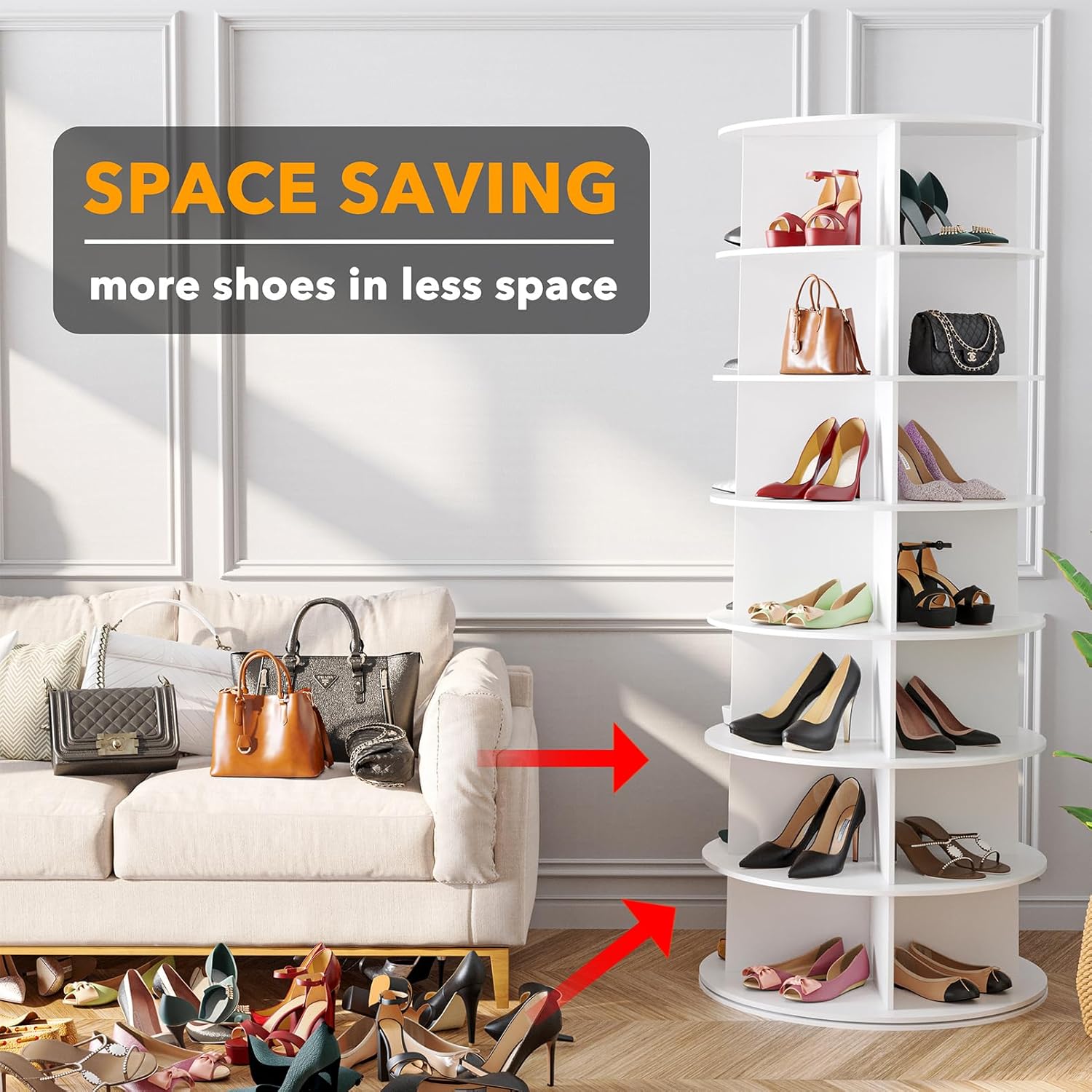 SpaceAid 7 Tier Rotating Shoe Rack Tower, Spinning Shoe Display Lazy Susan, Revolving 360 Shoe Rack Storage Round Carousel, Vertical Handbag Rotate Shoes Closet Organization (7-Tier White) - Image 3