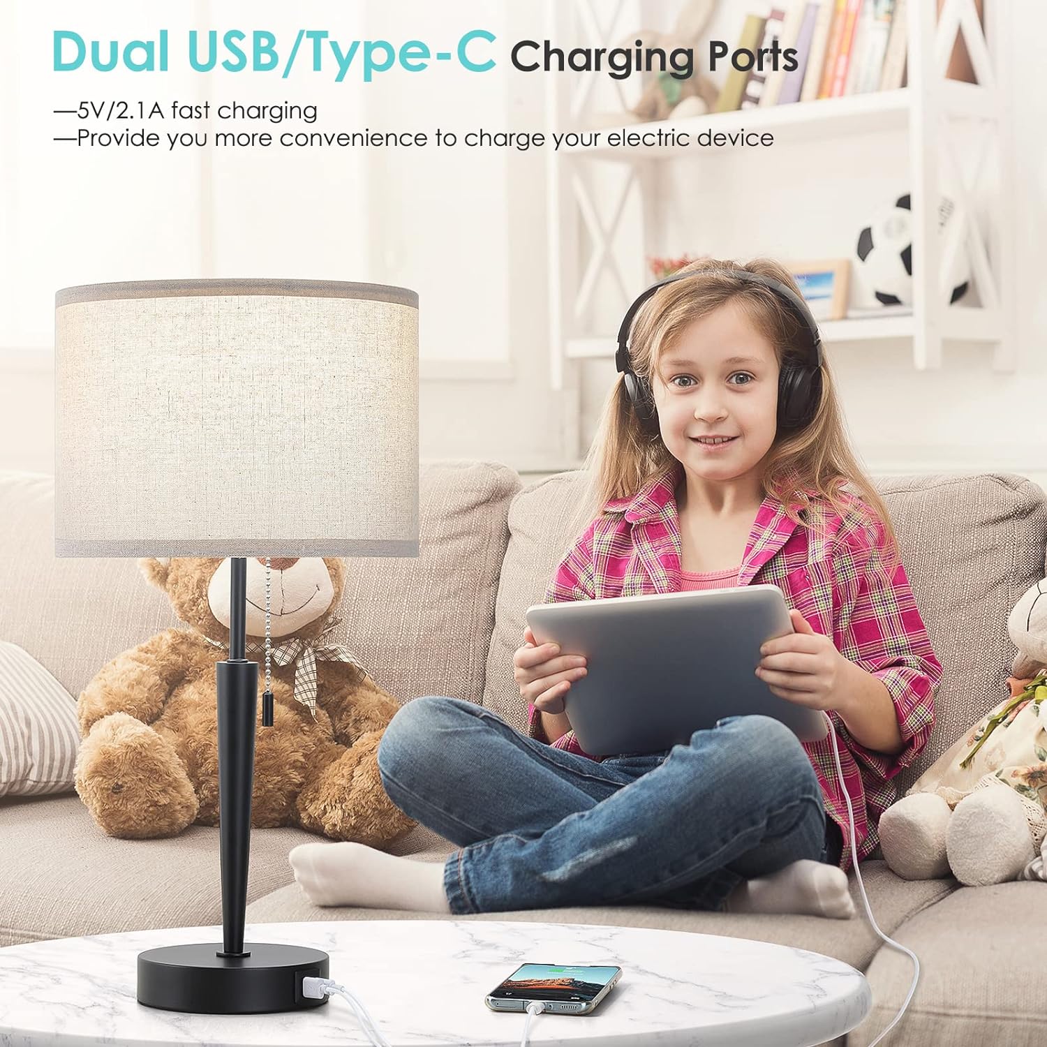 GGOYING Set of 2 Bedside Table Lamp, Pull Chain Nightstand Lamps with USB C Charging Ports, 5000K LED Bulb, Round Fabric Linen Lampshade for Livingroom,Bedroom,Home - Image 2