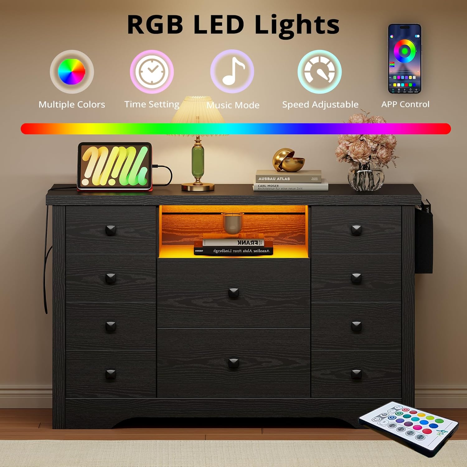 LIKIMIO Dresser with 10 Drawers, Bedroom Wooden Chest of Drawers with LED Lights and Power Outlets, Fabric Side Pocket, TV Stand for Living Room, Black - Image 5