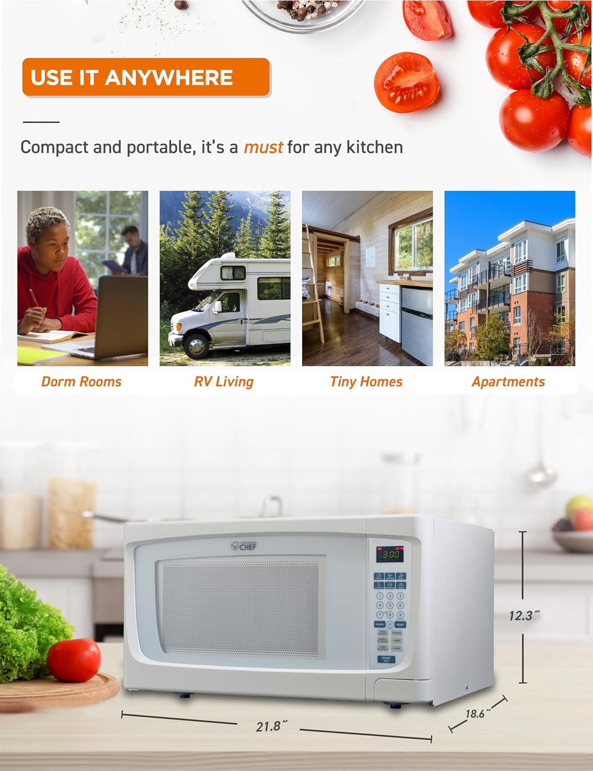 COMMERCIAL CHEF 1.6 Cubic Foot Microwave with 10 Power Levels, Small Microwave with Push Button, 1000 Watt Microwave with Digital Control Panels, Countertop Microwave with Timer, White - Image 7
