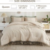 Andency Comforter Queen Size Set Beige, 3 Pieces Tassel Boho Lightweight Winter Bedding Comforters & Sets, All Season Bed Set (90x90In Comforter & 2 Pillowcases) - Image 5