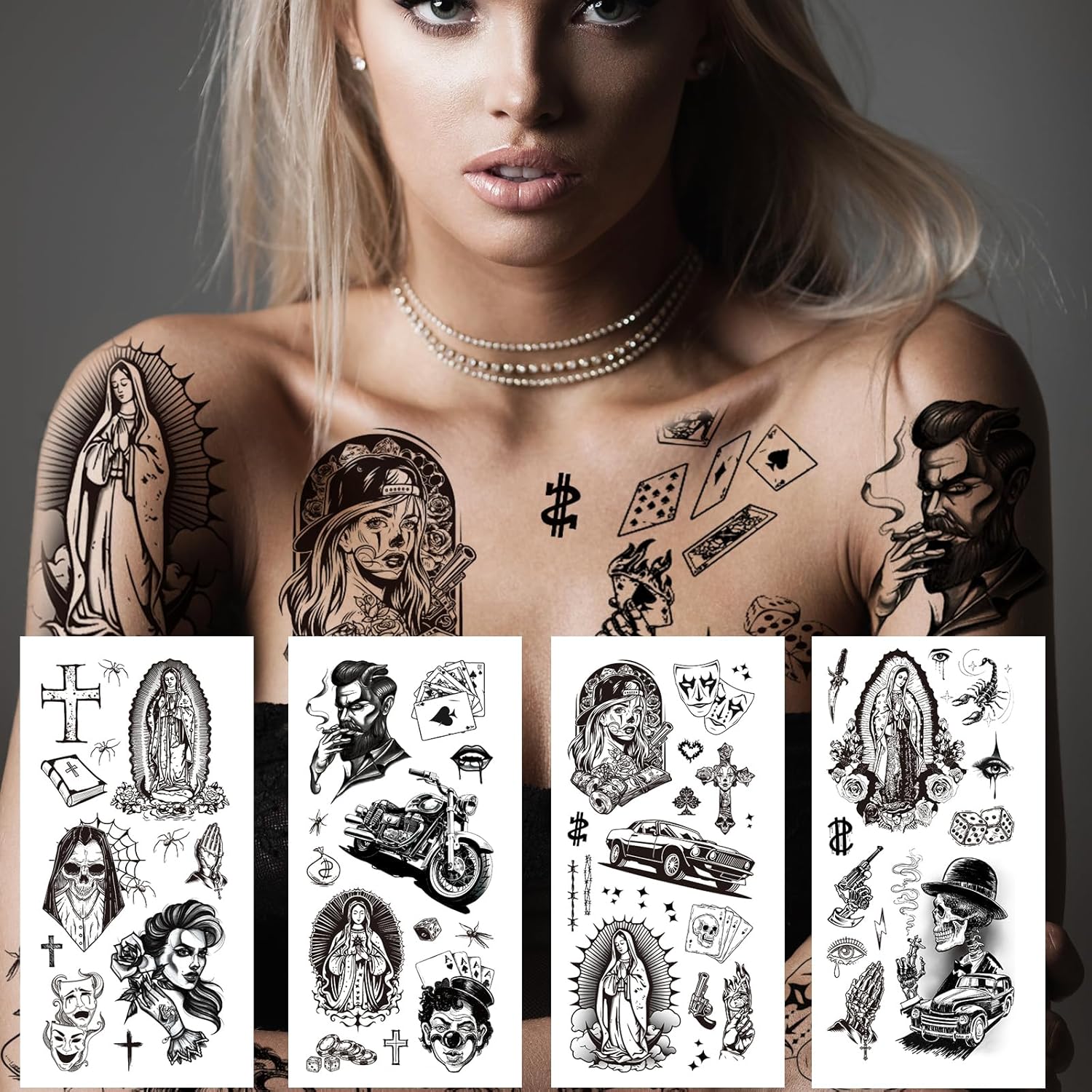 12 Sheets Large Chicano Temporary Tattoos, Cholo and Chola Temporary Tattoos, Chicana Guadalupe Gangster Fake Tattoos Day of the Dead, Día de Muertos, Tatuajes Temporales, Halloween Mexico Tattoos - Image 4