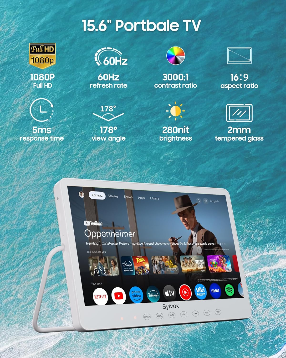 SYLVOX Waterproof Portable TV, 15.6" Shower TV 1080P Smart TVs for Bathroom, 10000mAh Rechargeable Battery Operated (4-6H Play Time), IP66 Waterproof, Voice Assistant, 360° Rotating Kickstand - Image 5