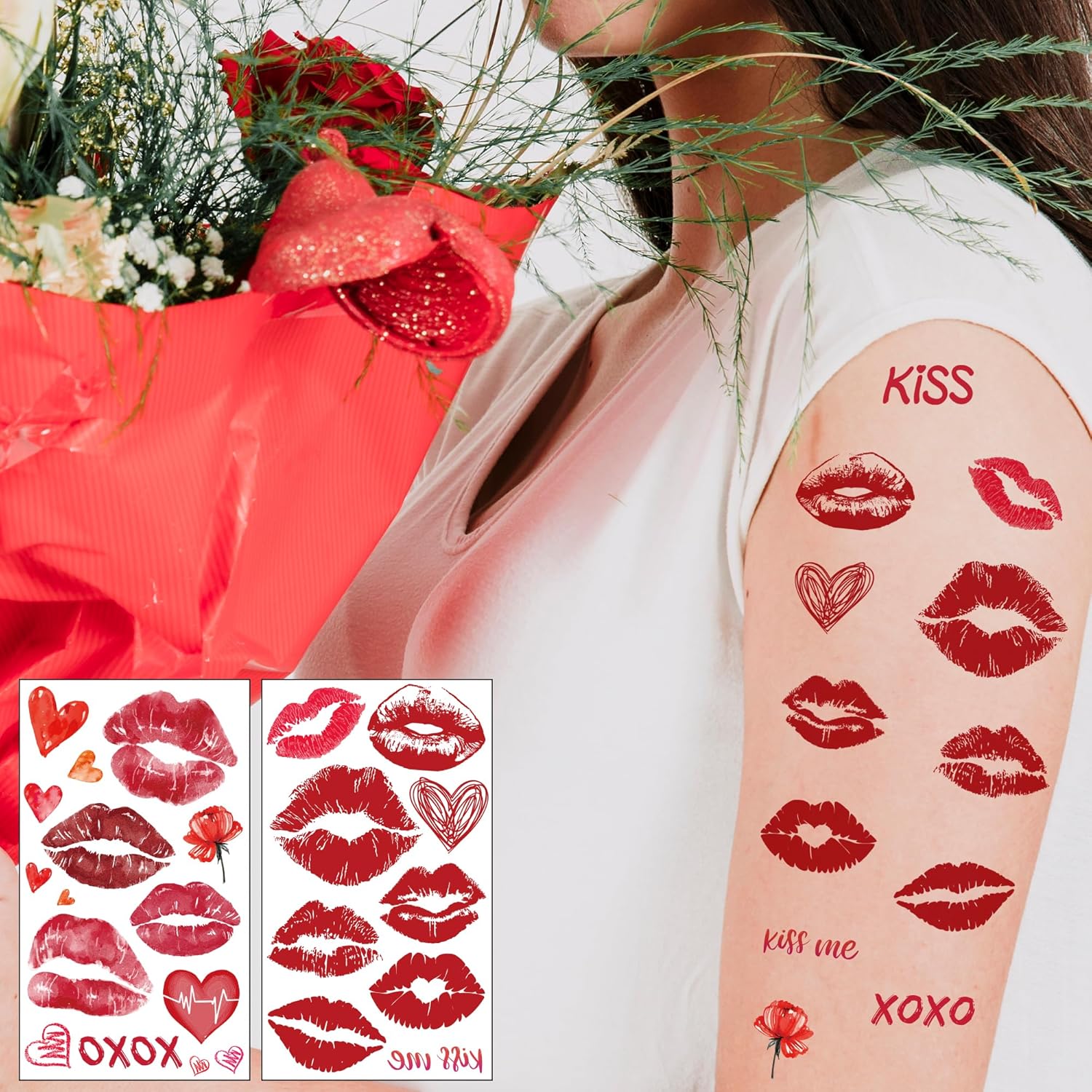 Cupid Costume Women - 120 Pack Kiss Tattoos Temporary - Lip Tattoo Cupid Accessories Bow and Arrow Shirts Dress | Heart Lipstick Stickers Gifts Holiday Party Favors Crafts Decor for Women Adults - Image 4