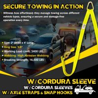 V-Bridle Tow Strap 2" x 4' with Snap Hooks, Cordura Sleeve, and Axle Straps | D-Ring for Enhanced Stability | Recovery Strap 5500lbs Load for Car Towing, Rollback, Flatbed, Tow Truck - Image 2