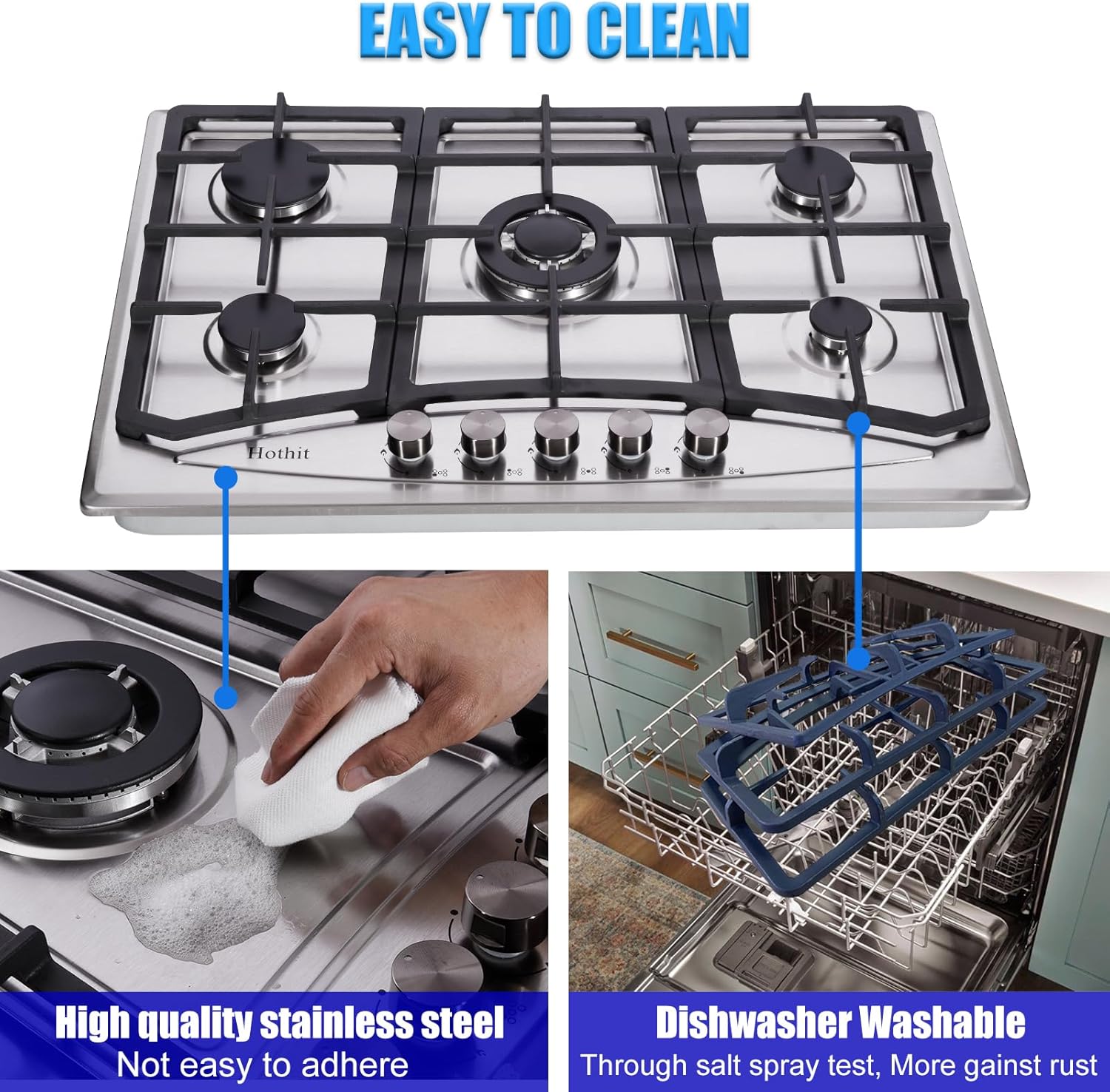Hothit Propane Gas Cooktop 30" Inch, 5 Burner Built-in Stainless Steel Gas Stove Top, LPG/NG Dual Fuel Auto Ignition Gas Hob, Include Gas Pressure Regulator(L30"×W20")… - Image 5